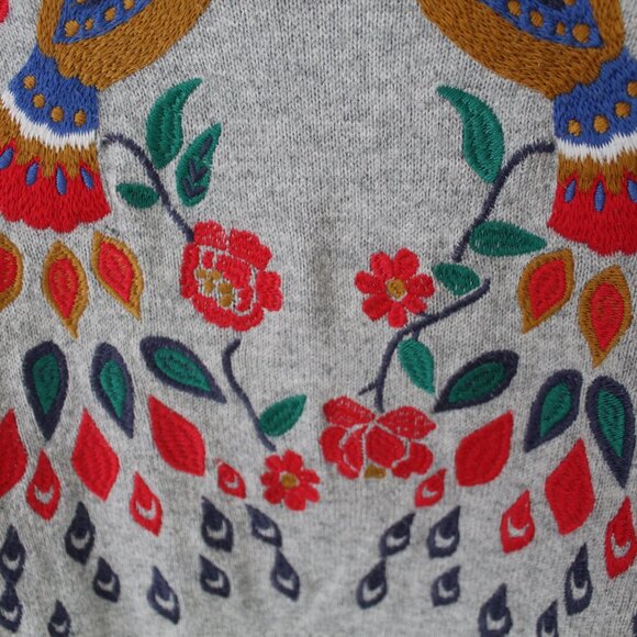 Loft Gray Embroidered Peacock Crew Neck Bell Sleeve Pullover Sweater Size S - Picture 3 of 7